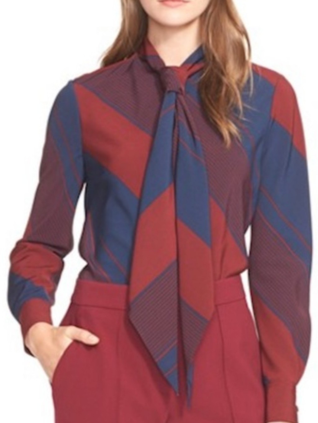 Tory Burch Stripe Bias Cut Tie Neck Blouse Size 8 Red Maroon Blue